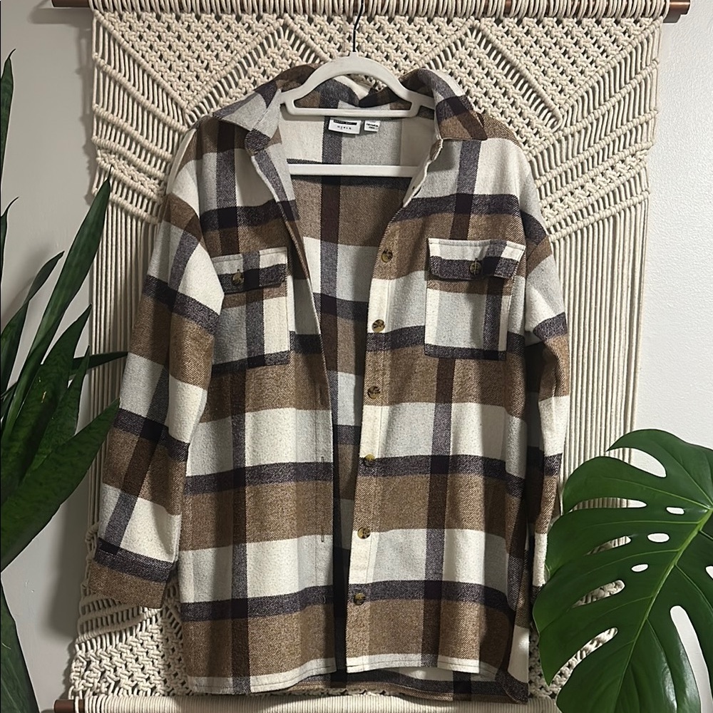 Brown and Cream Plaid Button-Up Shirt
